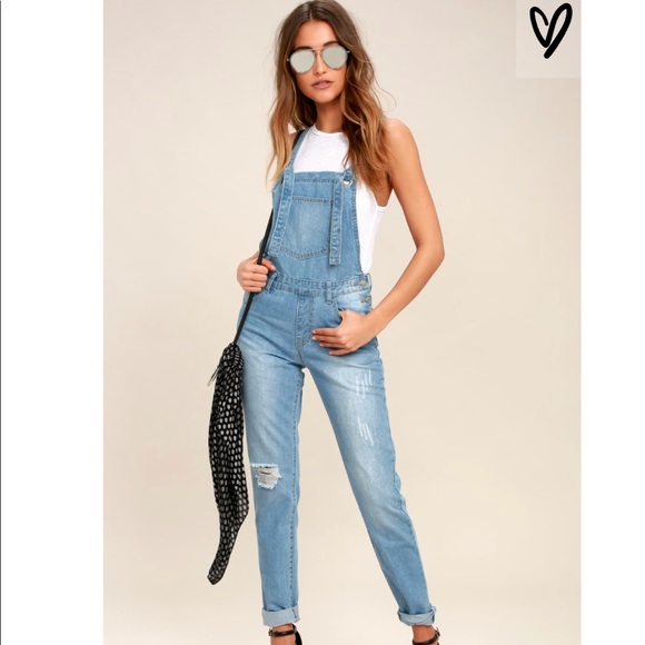 Lulus Denim - Lulus Light Washed Distressed Overalls